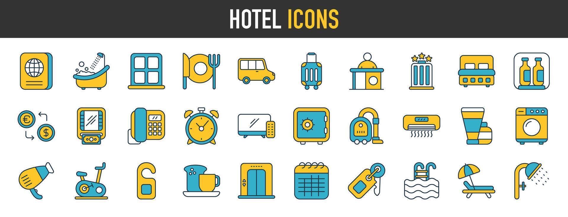 hotel íconos colocar. conjunto de Departamento reserva, hotel reserva, alquilar Hostal habitación, aeropuerto, habitación área, plano alquilar, cinco estrellas hotel, Servicio vector web icono