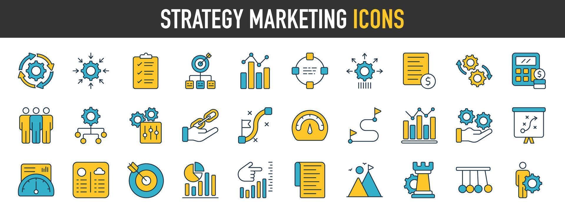 Strategy Marketing Icons Set. Content Strategies, Ecommerce, Branding, Seo, Electronic Devices, Reports, Analysis, Social and more Vector icon Collection