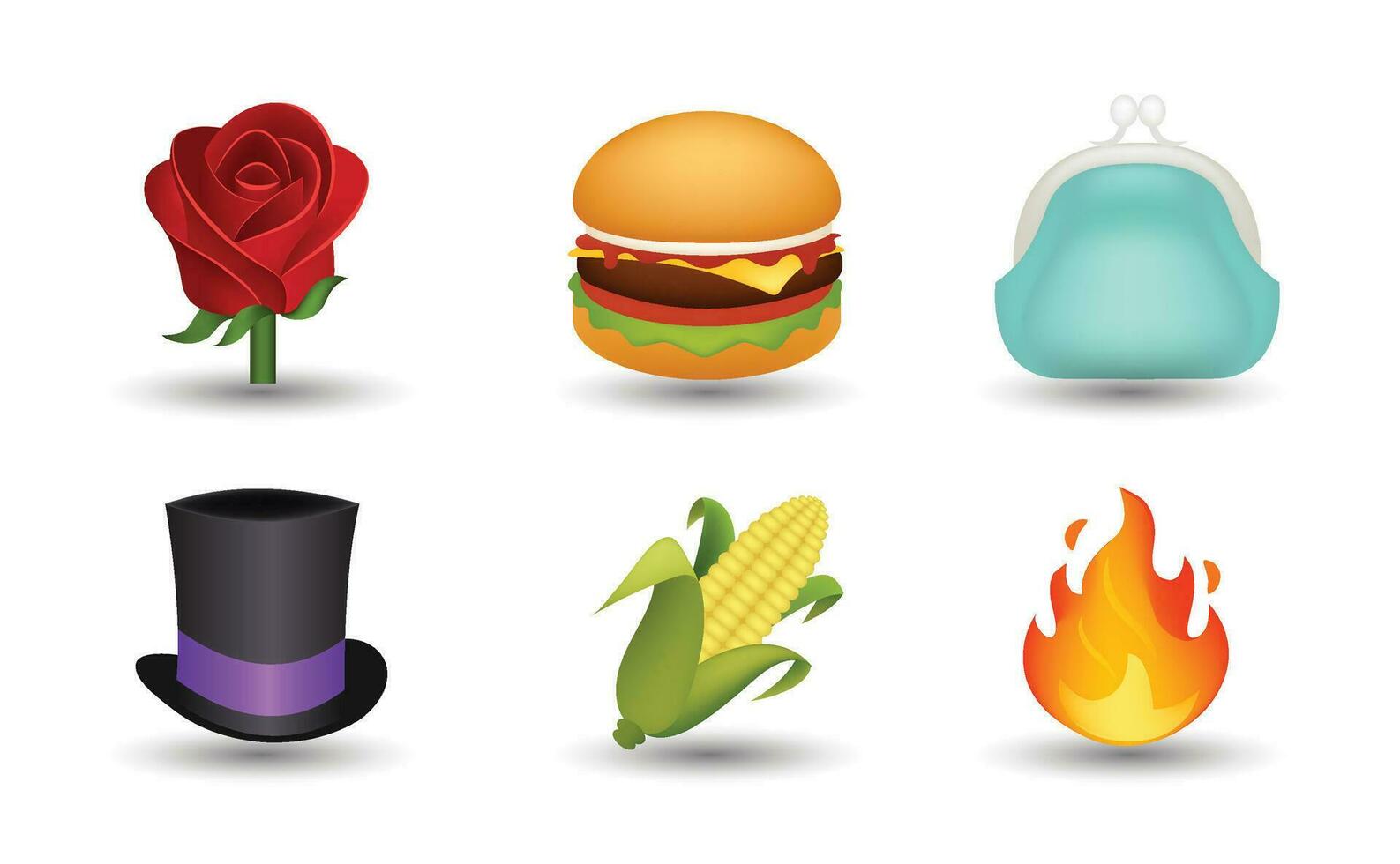 6 Emoticon isolated on White Background. Isolated Vector Illustration. Red rose, hamburger, blue woman purse, magic hat, corn plant and fire flame vector emoji Illustration. 3d Illustration.