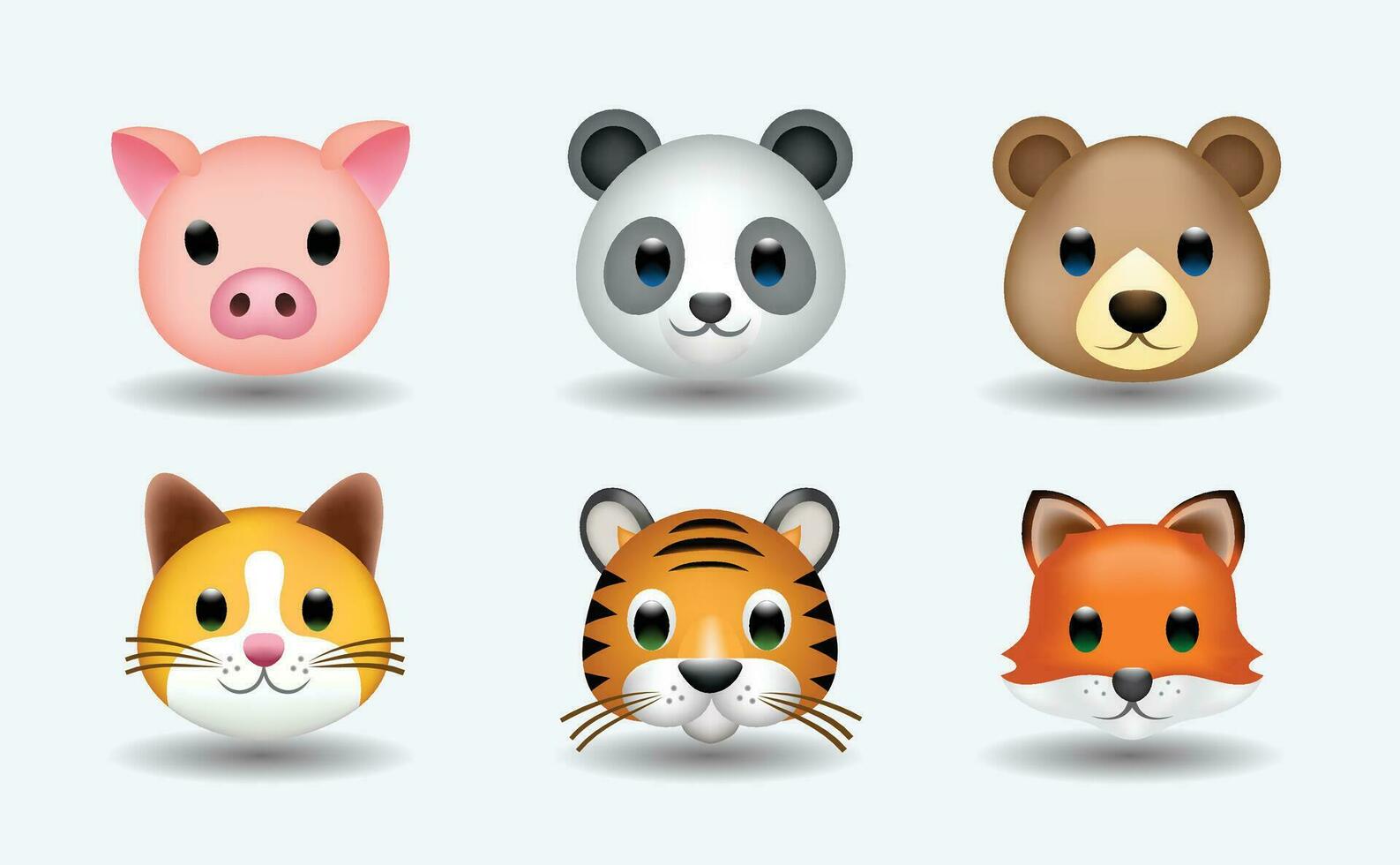 Set of animals vector emoji illustration. Pig, bear, panda, cat, fox and tiger in cartoon style. Collection of mixed cartoon animals. 3d illustration.