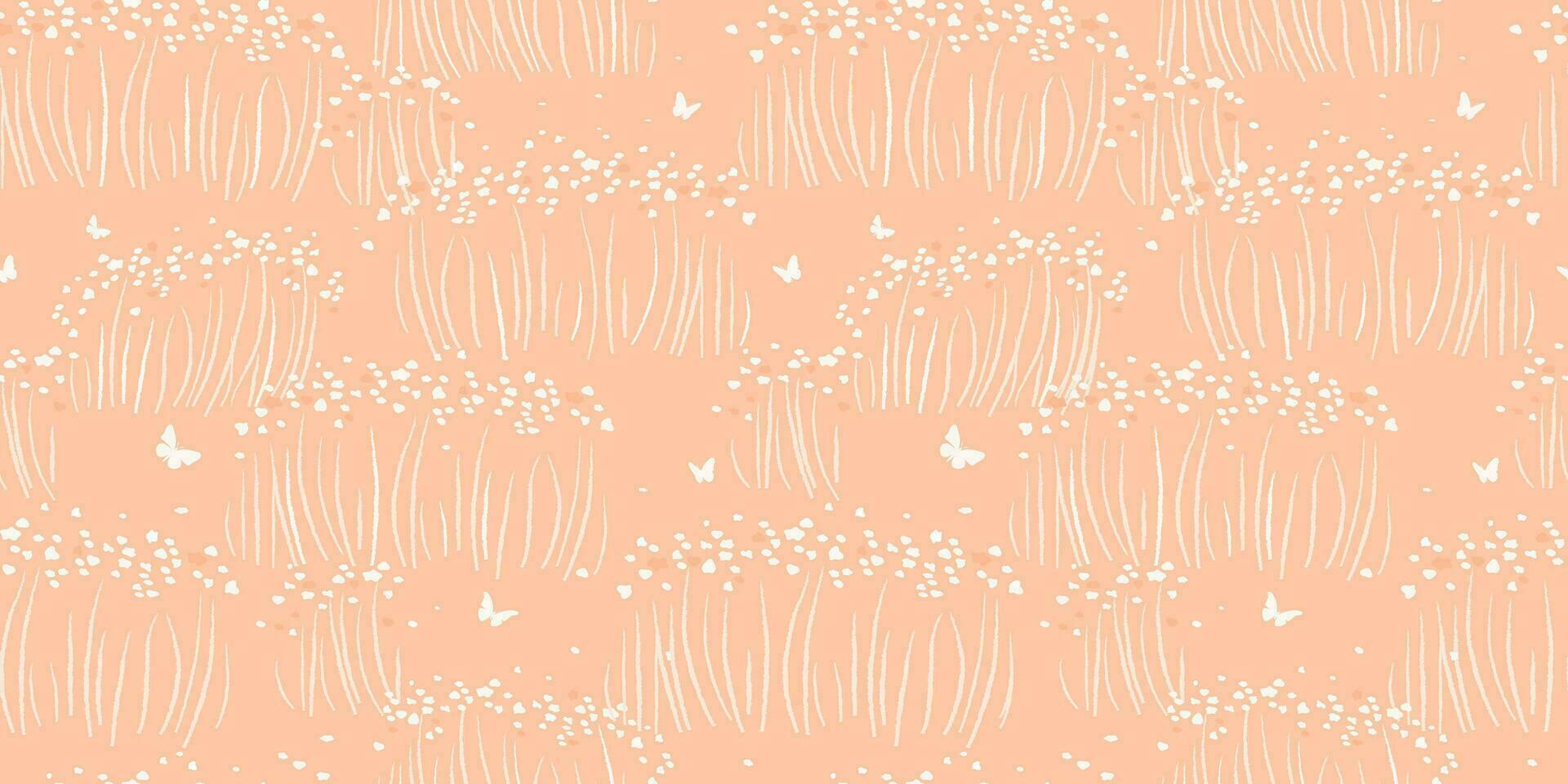 Seamless pattern with abstract meadow, herbs, flowers, butterflies. A simple summer monochrome background with a delicate floral print in a peach shade. Vector graphics.