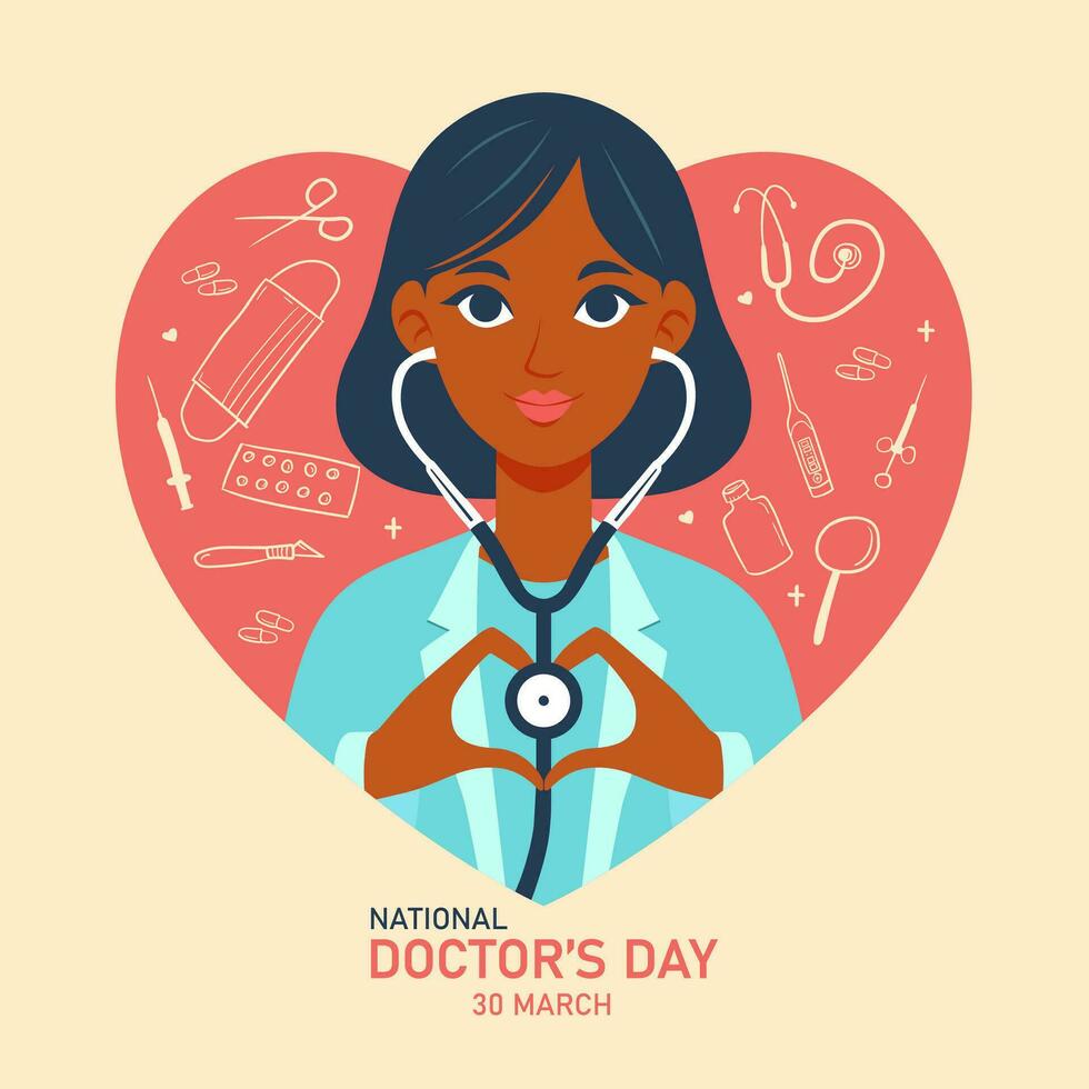 mundo del doctor día. vector ilustración de un mujer médico con estetoscopio.