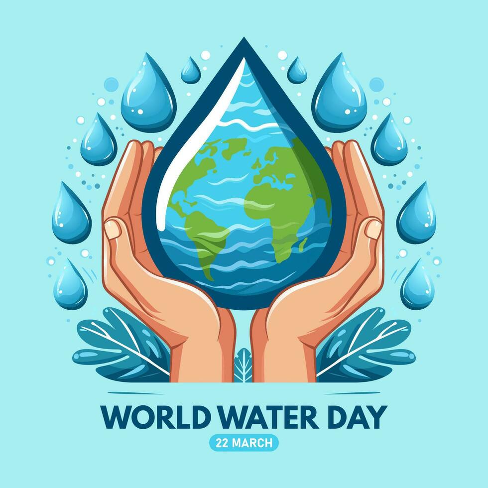 World Water Day concept with hands holding water drop. Vector illustration.