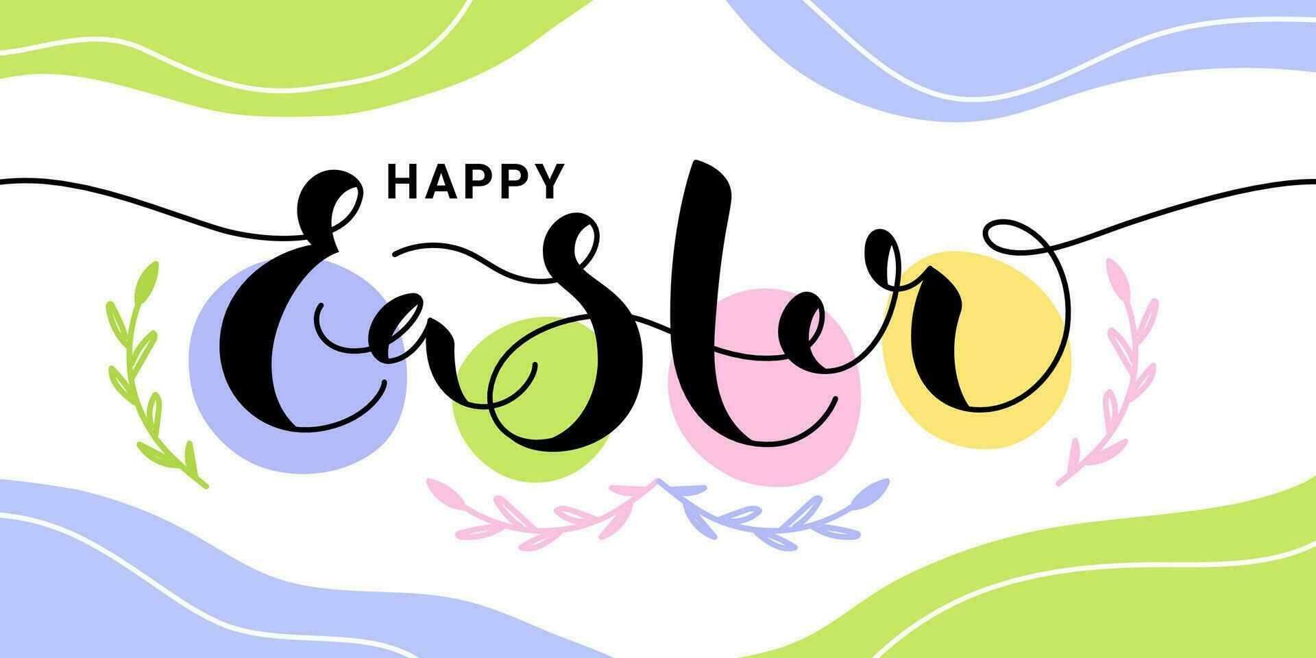 Happy Easter colorful background with bright spots. Paschal banner with hand written lettering. Vector illustration.
