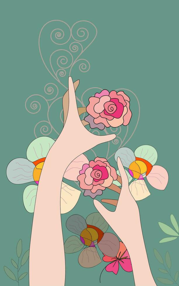 Hand drawn illustration of a couple's hands on flowers background for decoration vector