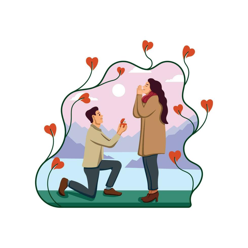 Flat illustration design of loving man proposing to woman on beautiful natural background vector