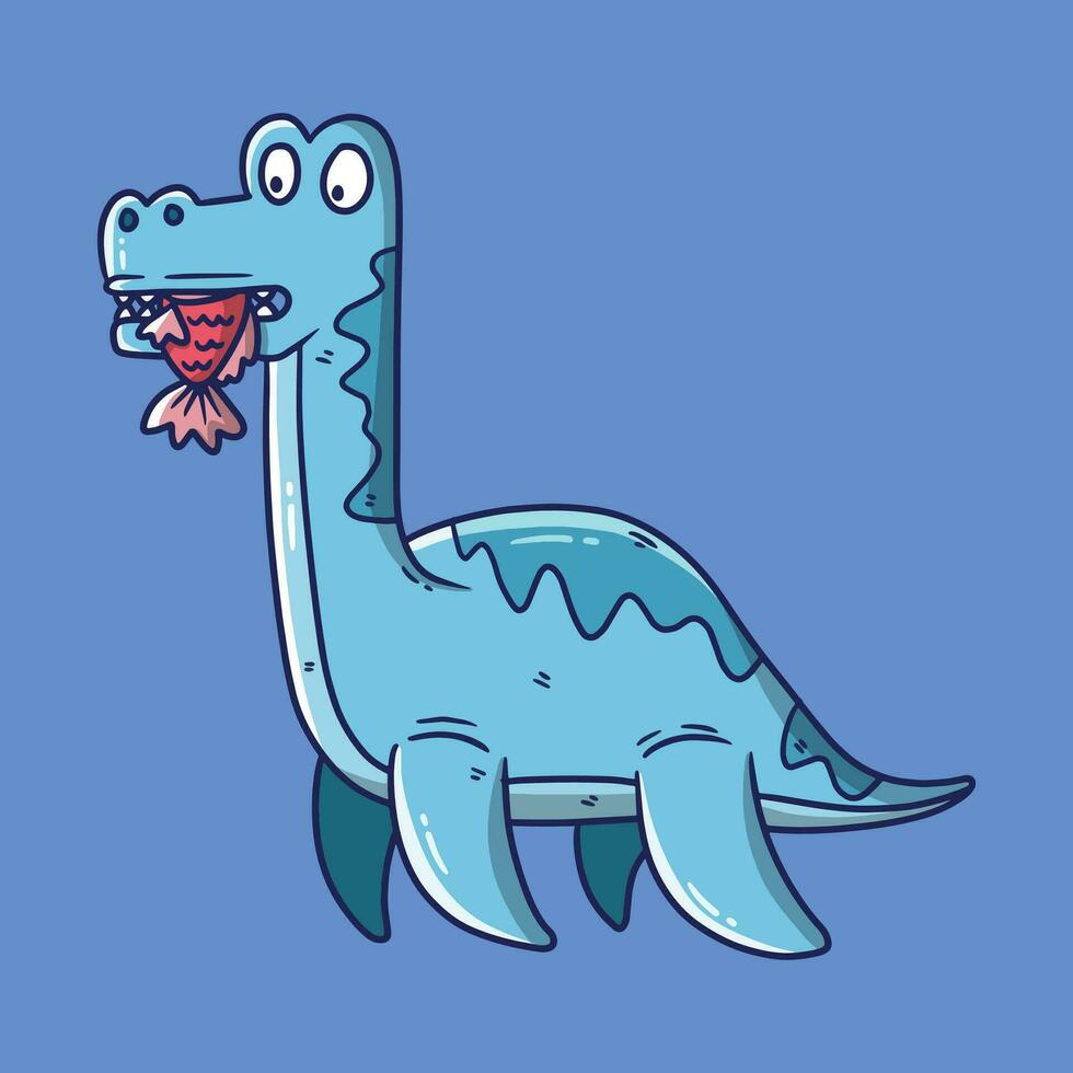 Vector illustration of Cartoon Dinosaur. Plesiosaur cartoon illustration. Hand drawn vector illustration
