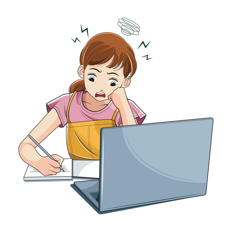 Education Concept. Bored student tired of learning doing homework using laptop. Vector illustration
