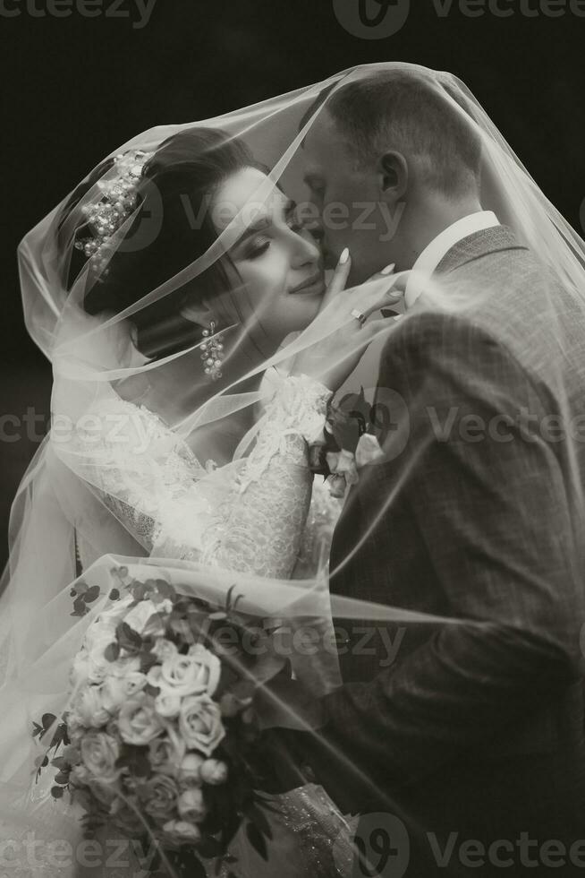 novio y novia en el parque. otoño Boda en el bosque. contento boda, amoroso Pareja oferta toques debajo el velo. elegante y hermosa. princesa vestir con un largo tren. negro y blanco foto