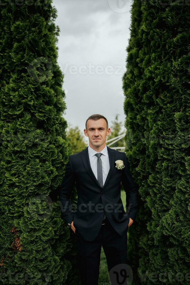 A man in a black suit poses in nature, near conifers. A stylish watch. Men's style. Fashion. Business. photo