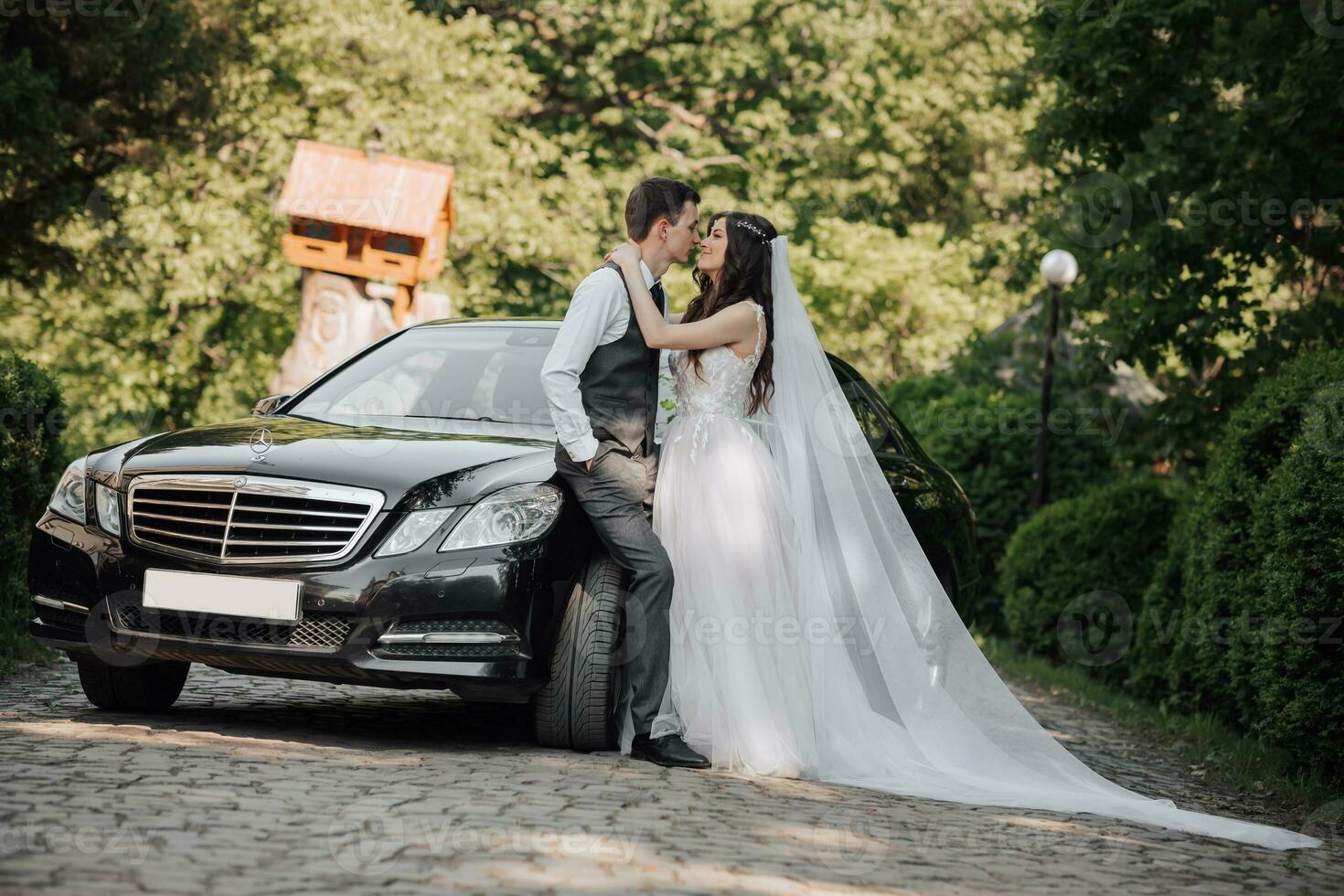 gorgeous bride with trendy makeup and hairdo in luxury wedding dress with handsome groom near black wedding car photo