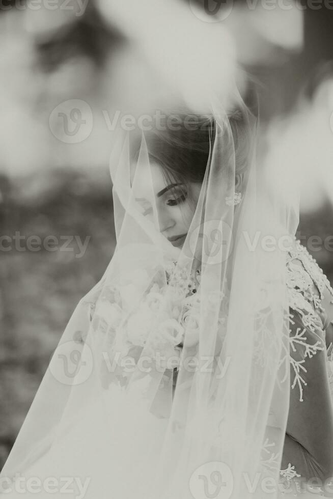 Curly blonde bride in a white dress, covered with a veil, poses for the camera with a bouquet of roses. Portrait of the bride. Beautiful makeup and hair. Wedding in nature. black and white photo
