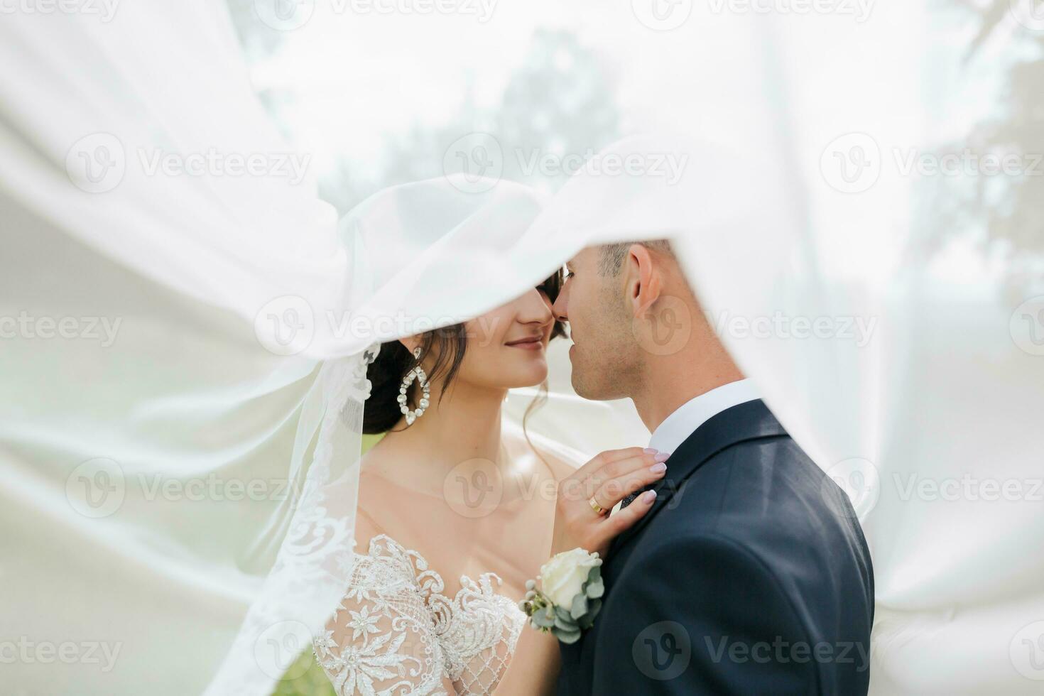 A curly-haired brunette bride in a white dress and a veiled groom embrace and kiss. Portrait of the bride and groom. Beautiful makeup and hair. Wedding in nature photo