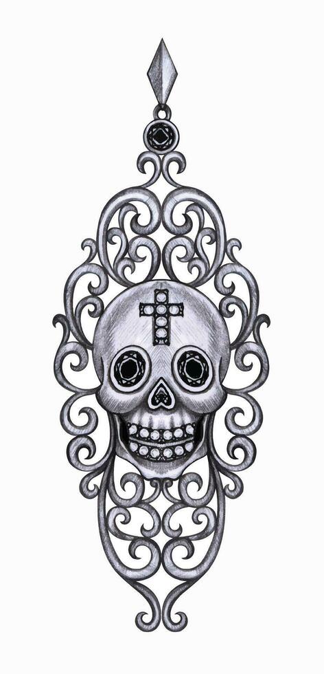 Jewelry design art vintage mix skull pendant design by hand drawing on paper. vector