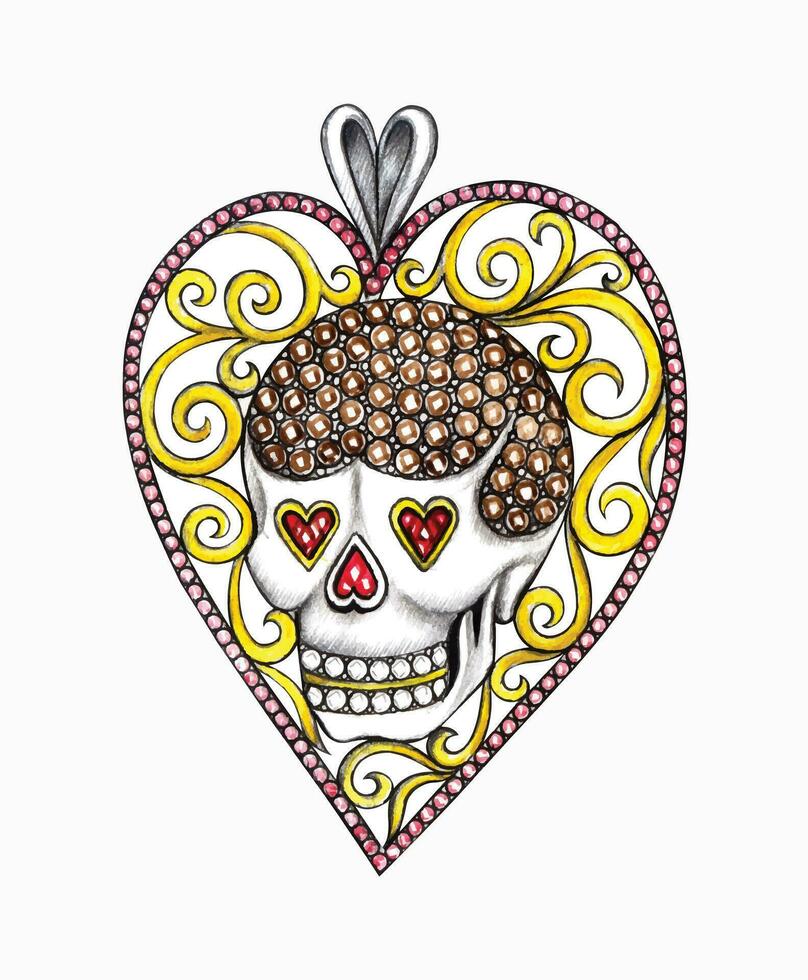 joyería diseño Arte Clásico corazón mezcla cráneo colgante diseño por mano dibujo en papel. vector