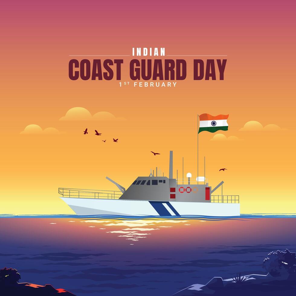 Indian Coast Guard Day is observed on 1 February every year to honor the important role that the organization plays Editable Vector Illustration, Indian Coast Guard patrolling surveillance boats