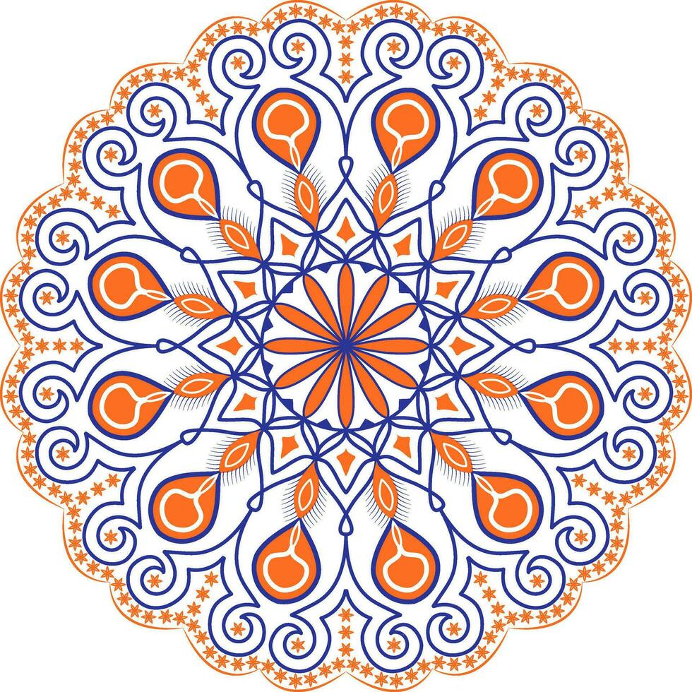 étnico mandala con vistoso ornamento. un circular diseño con naranja y azul remolinos vector