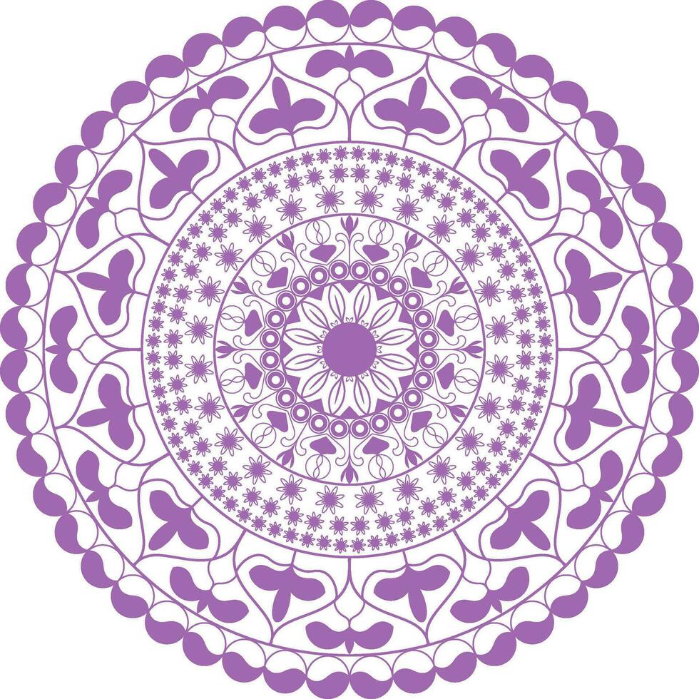 Round vector ornament mandala art. A circular design with purple flowers on it