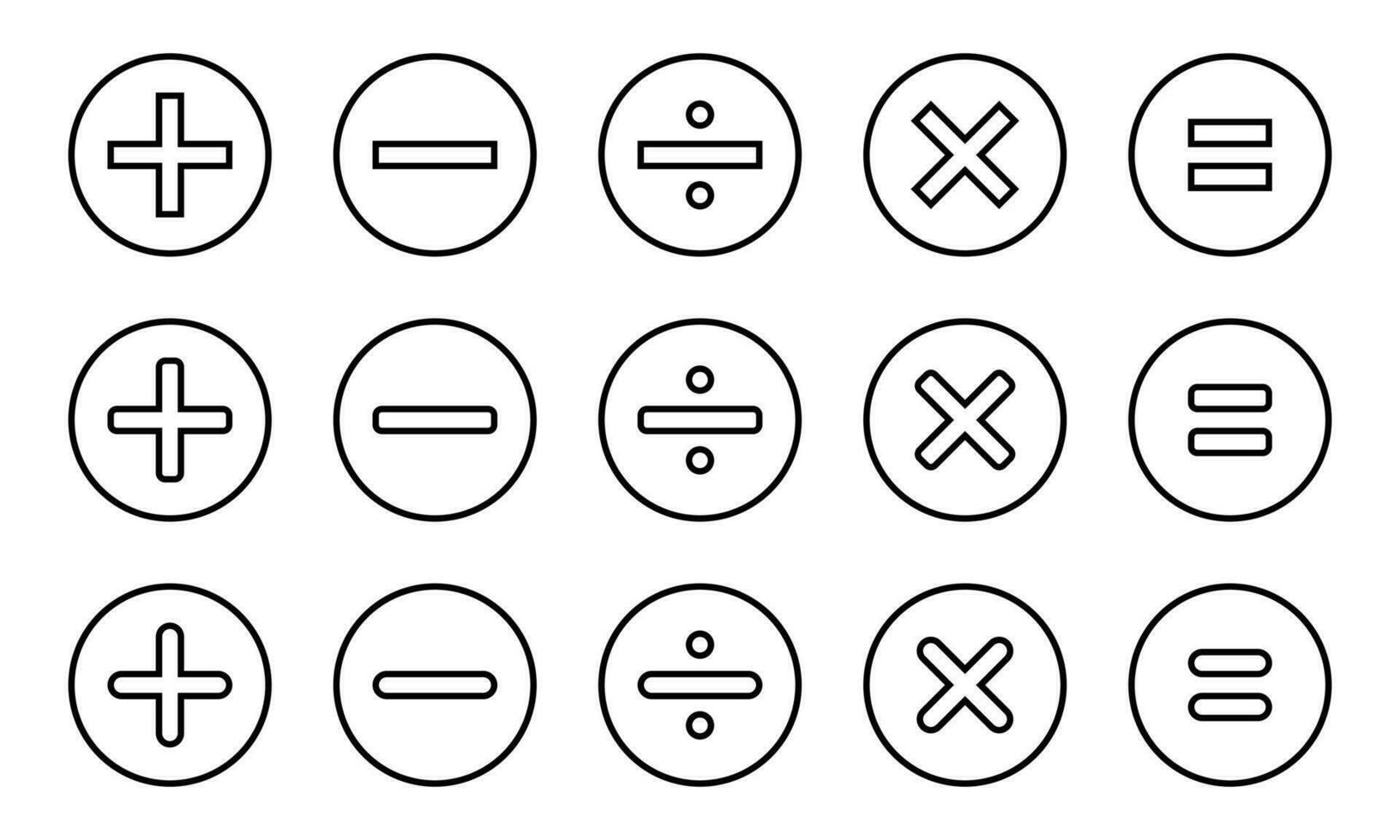 Basic math symbols on circle line. Addition, subtraction, division, multiplication, and equality icon vector