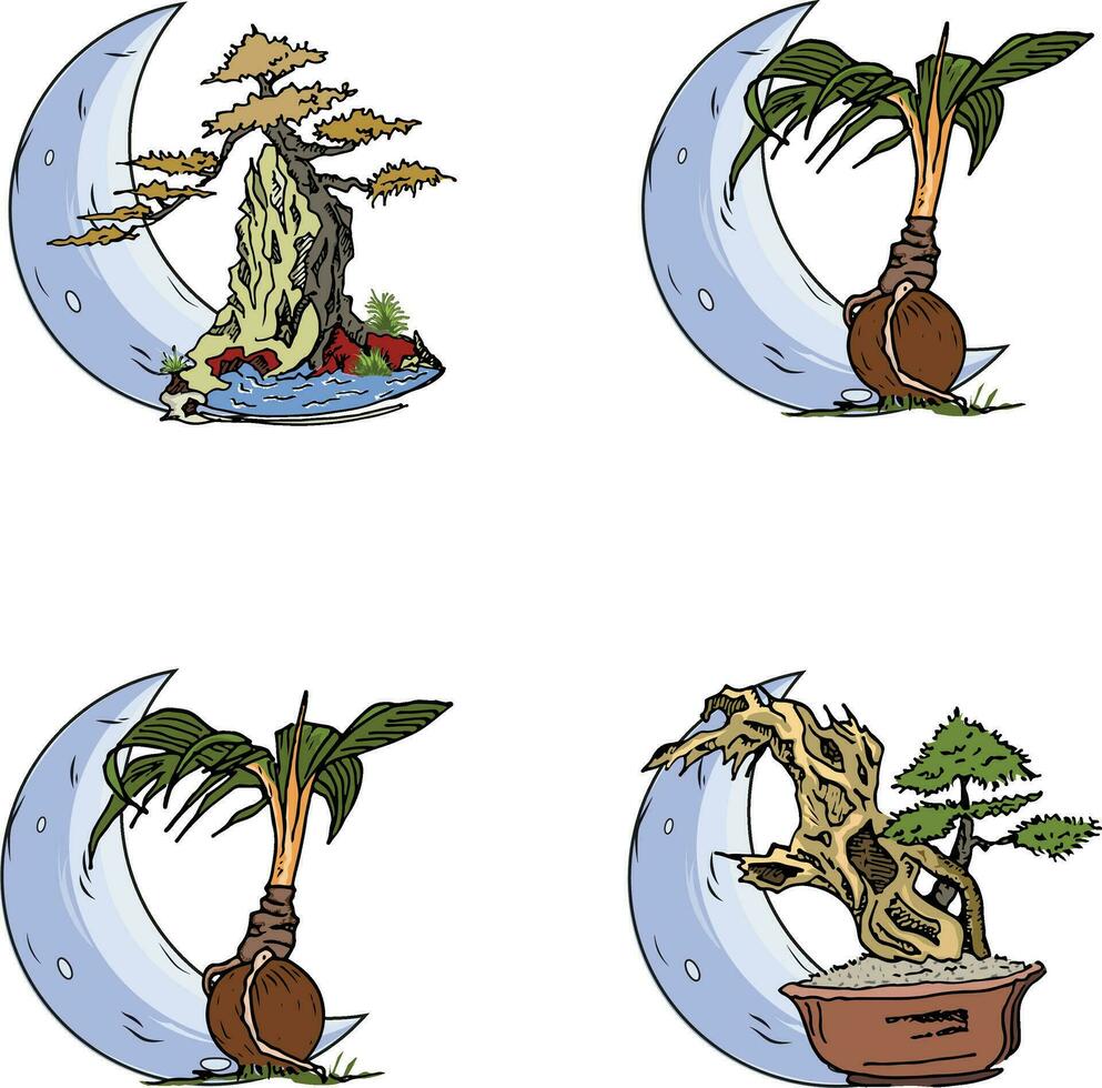 A set of illustrations of bonsai plants vector
