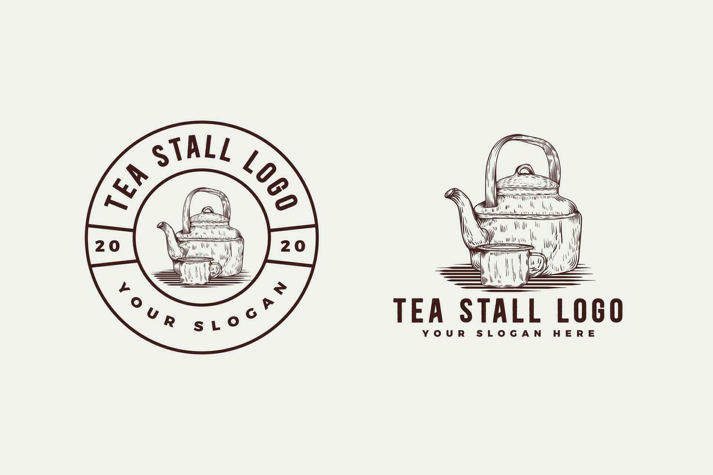 Hand drawn tea tea stall logo illustration in engraving style vector