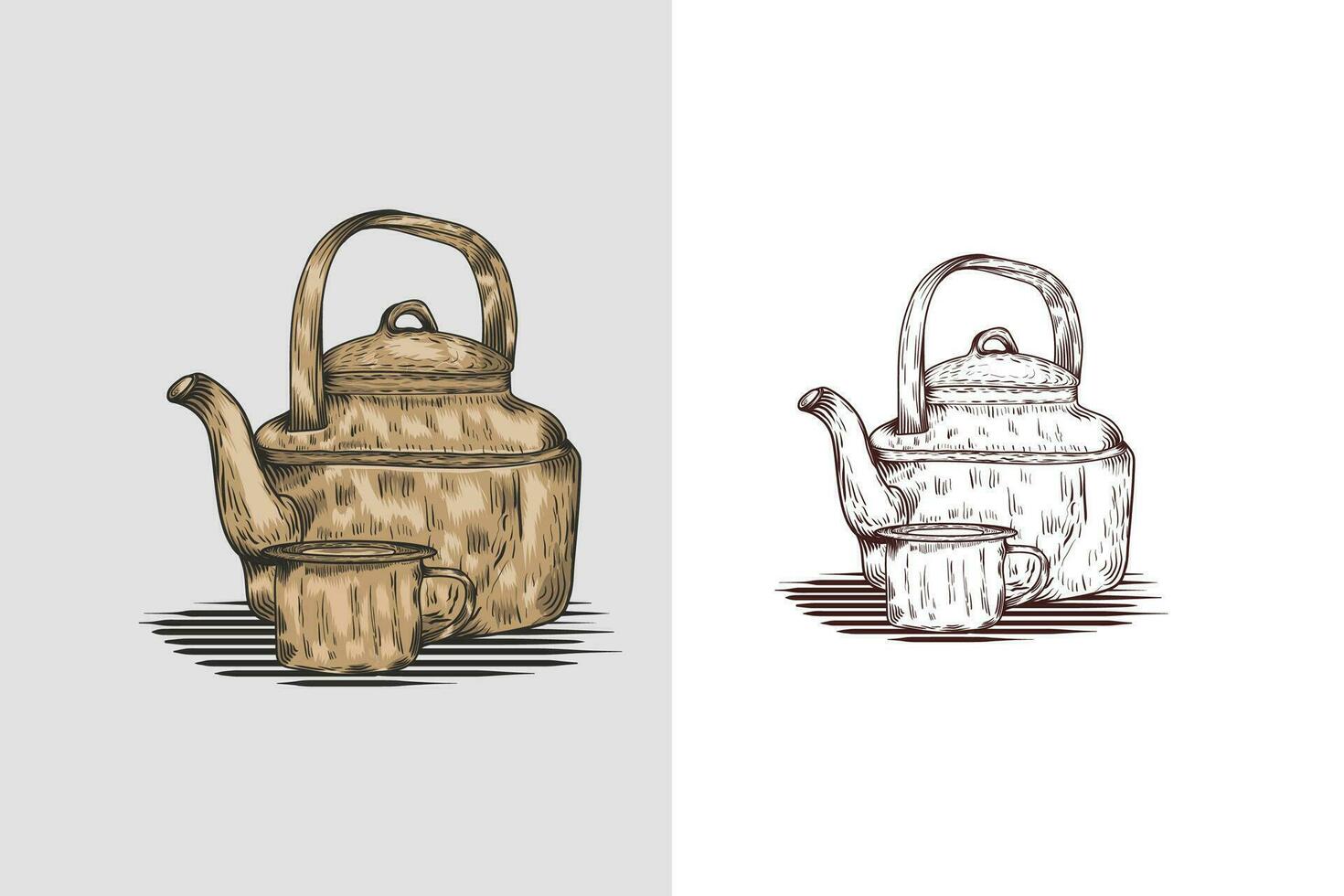 Hand-drawn tea cup and tea kettle illustration in engraving style for menu or cafe. vector