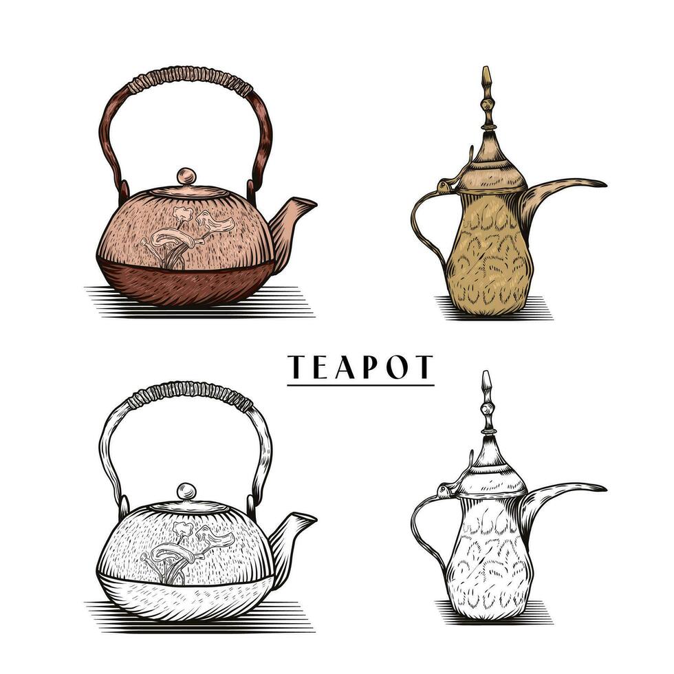 Hand-drawn tea cup and tea kettle illustration in engraving style for menu or cafe. Tea coffee vintage cup set vector illustration.