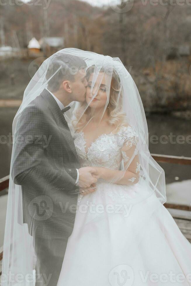 Groom and bride in the forest. Autumn wedding in the forest. Happy wedding, loving couple tender touches under the veil. Stylish and beautiful. Princess dress with a long train. photo