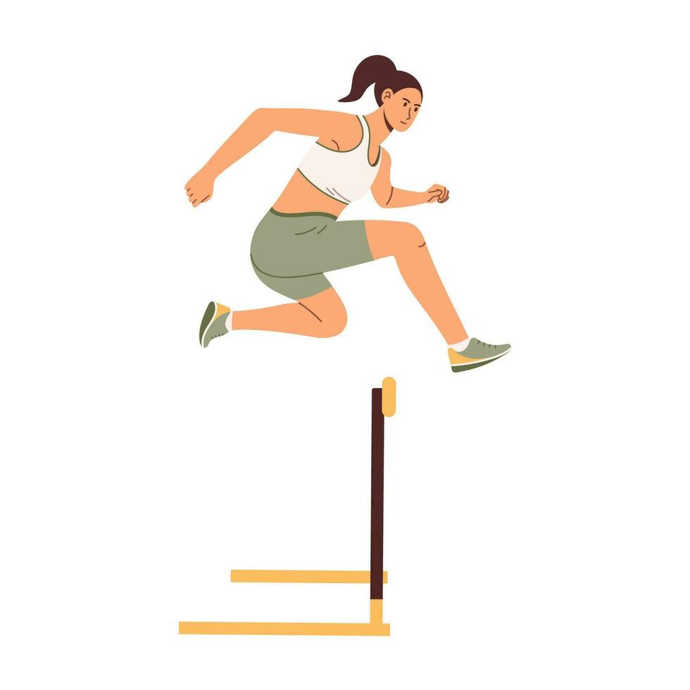 Hurdling sport. Woman hurdler runner overcoming barrier on race. Flat vector illustration isolated on white background
