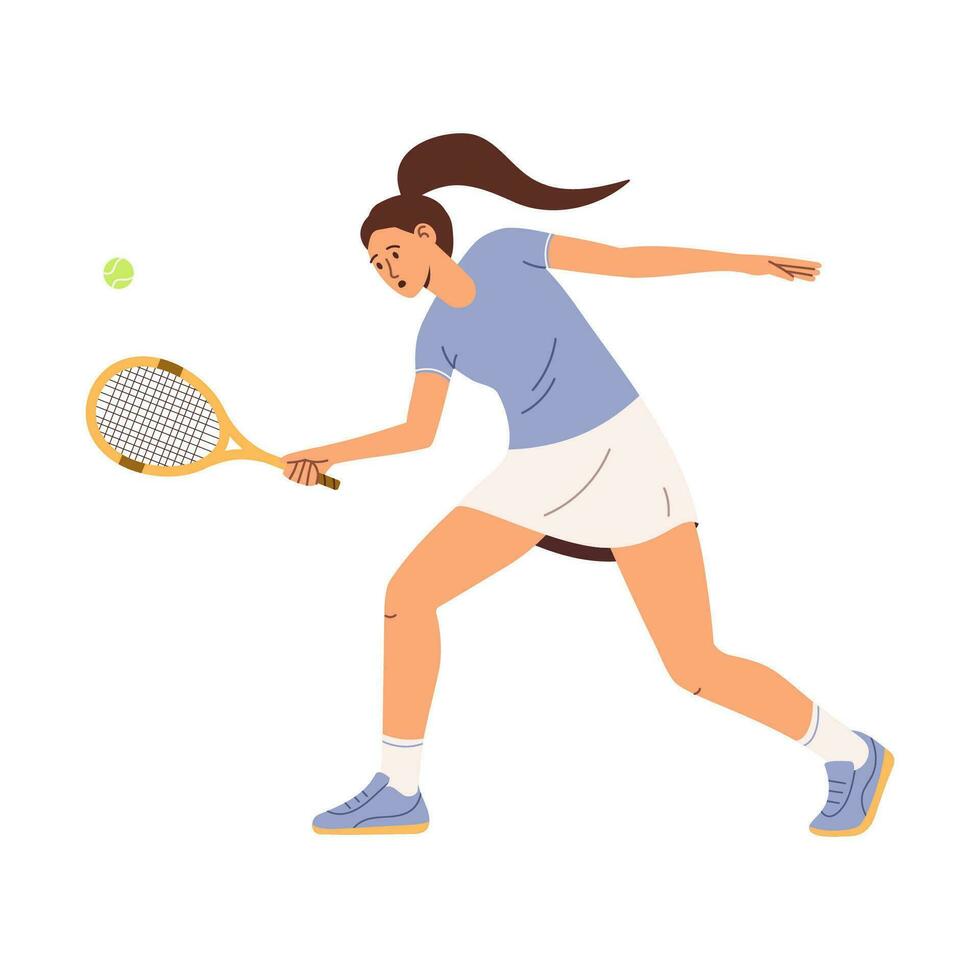 tenis jugador mujer con raqueta golpes el pelota. plano vector ilustración aislado en blanco antecedentes