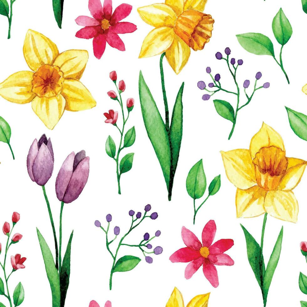 seamless pattern with spring flowers. watercolor print of daffodils, tulips, cosmos, leaves and branches vector