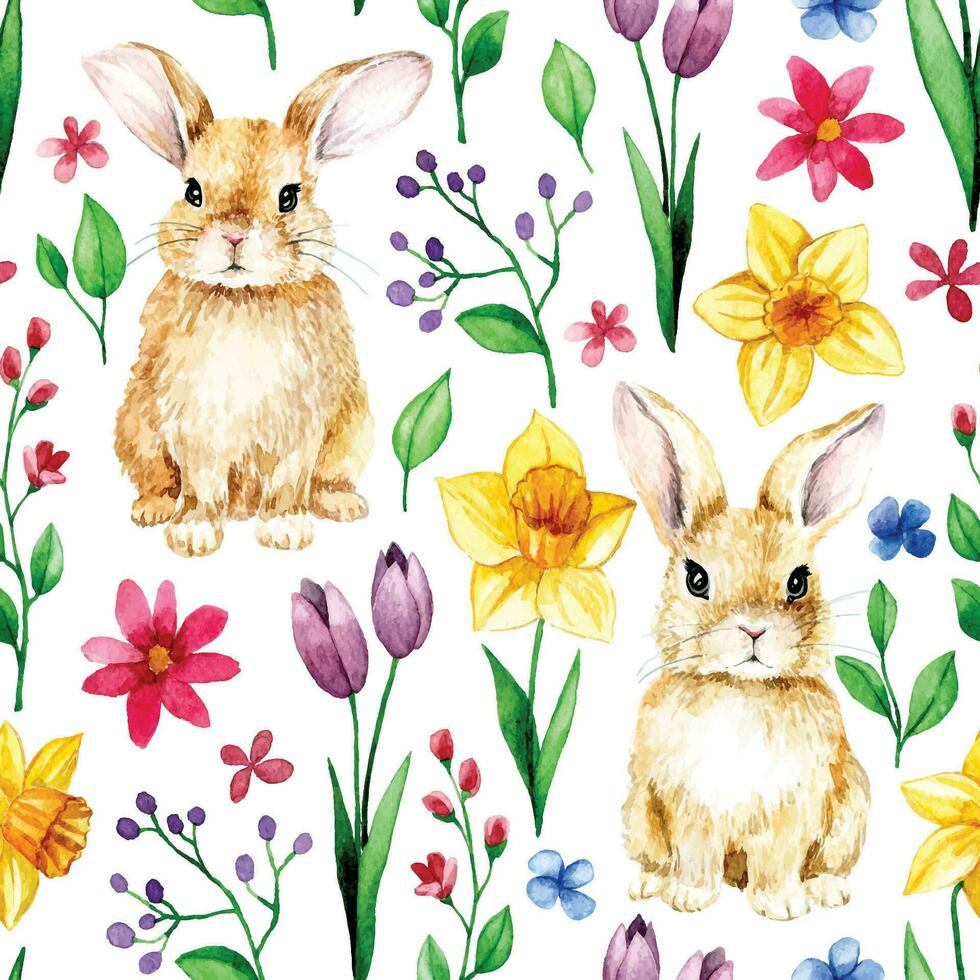 seamless pattern of cute Easter bunnies and spring flowers. daffodils, tulips, holiday print vector