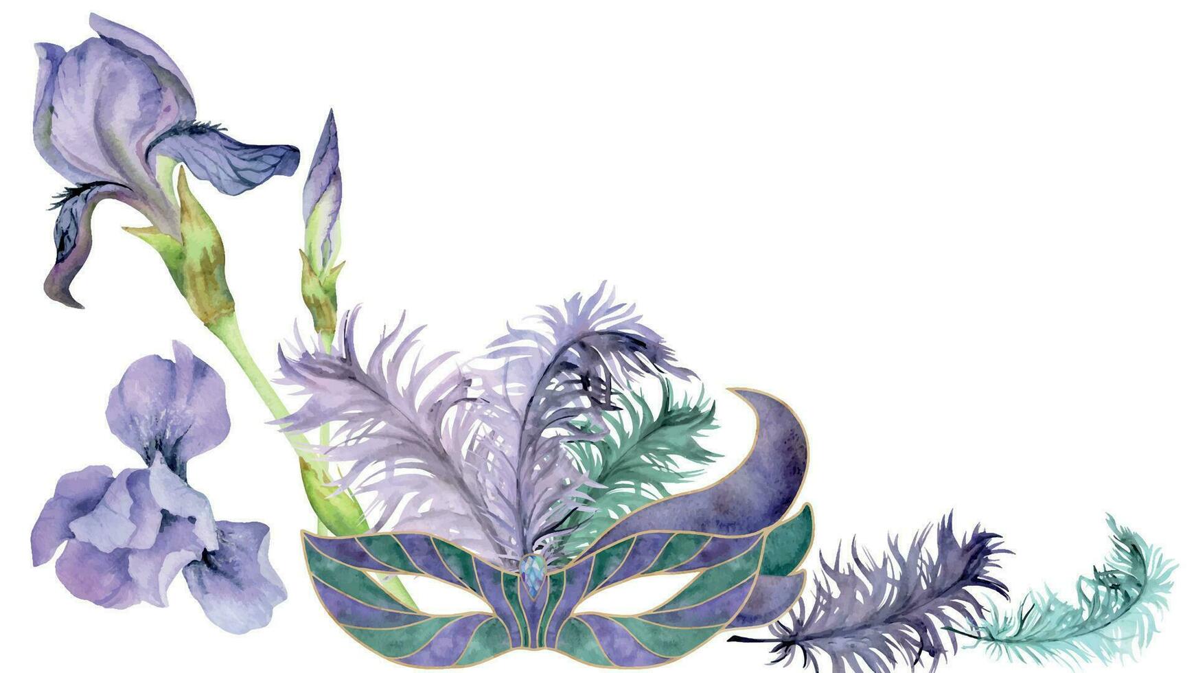 mano dibujado acuarela mardi gras carnaval simbolos teatro mascarada circo máscara plumas, púrpura bandera iris flor. composición aislado en blanco antecedentes. diseño para fiesta invitación, imprimir, tienda vector