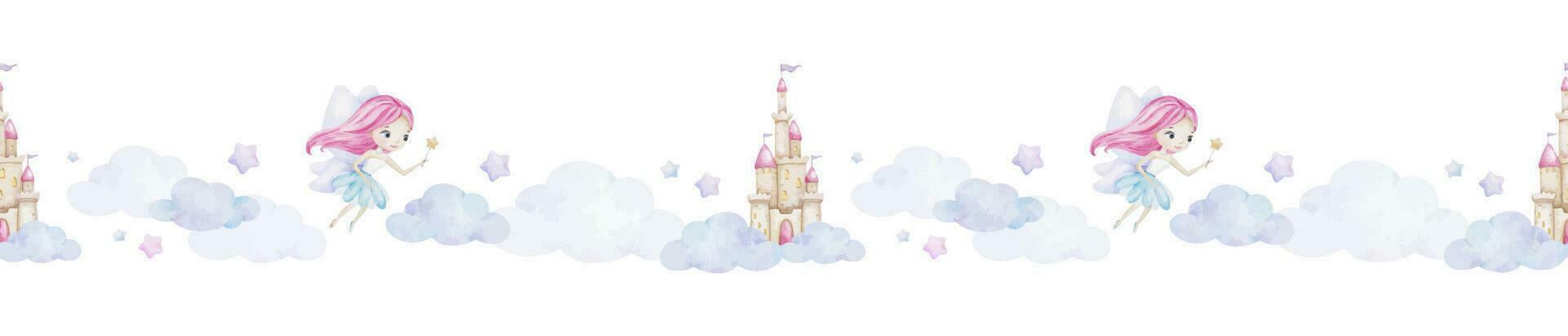 Cute little fairy with magic wand, stars, castle for princess, clouds. Children's background. Watercolor baby seamless border. Isolated. Design for kid's goods, postcards, baby shower, children's room vector