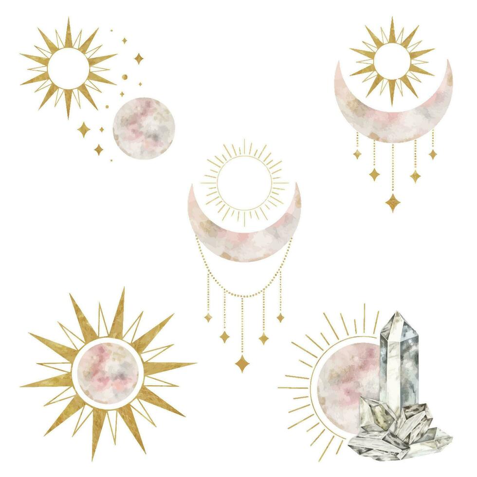 conjunto de creciente luna, sol, floral elementos. luna, Dom y. aislado acuarela ilustración en el tema de astrología y esoterismo magia celestial clipart para diseño, imprimir, tela o antecedentes vector