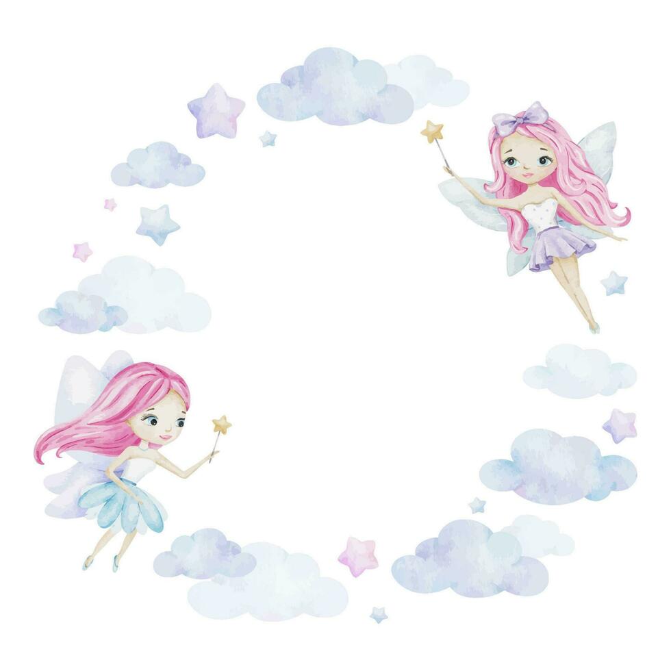 Cute little fairy with magic wand, stars, clouds. Children's background. Watercolor round frame. Isolated. Design for kid's goods, postcards, baby shower and children's room vector