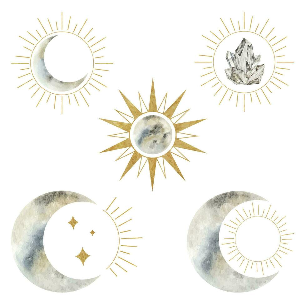 Set of crescent moon, sun, floral elements. Moon, sun and. Isolated watercolor illustration on the topic of astrology and esotericism. Magic celestial clipart for design, print, fabric or background vector