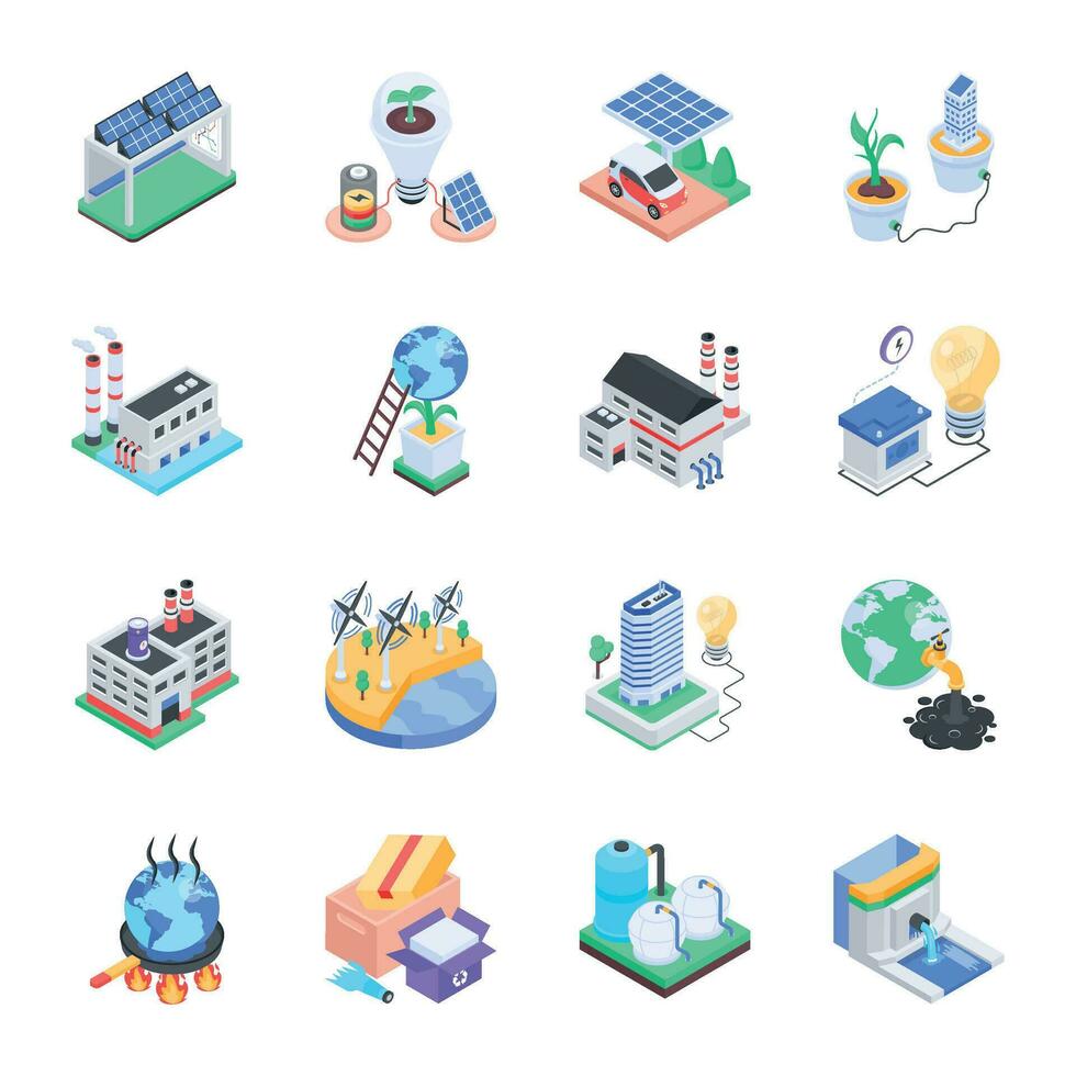 Isometric Icons Depicting Green Ecosystem vector