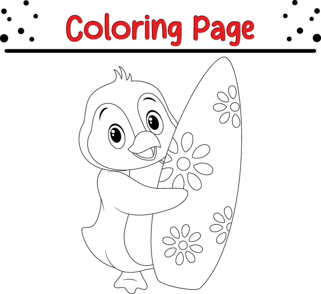 coloring page penguin holding surfing board vector