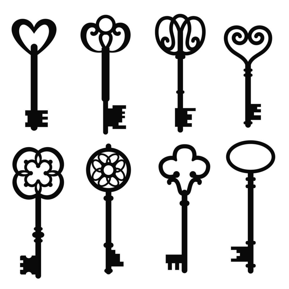 Antique keys silhouette set. Black-and-white Illustration  on white background, design elements. vector