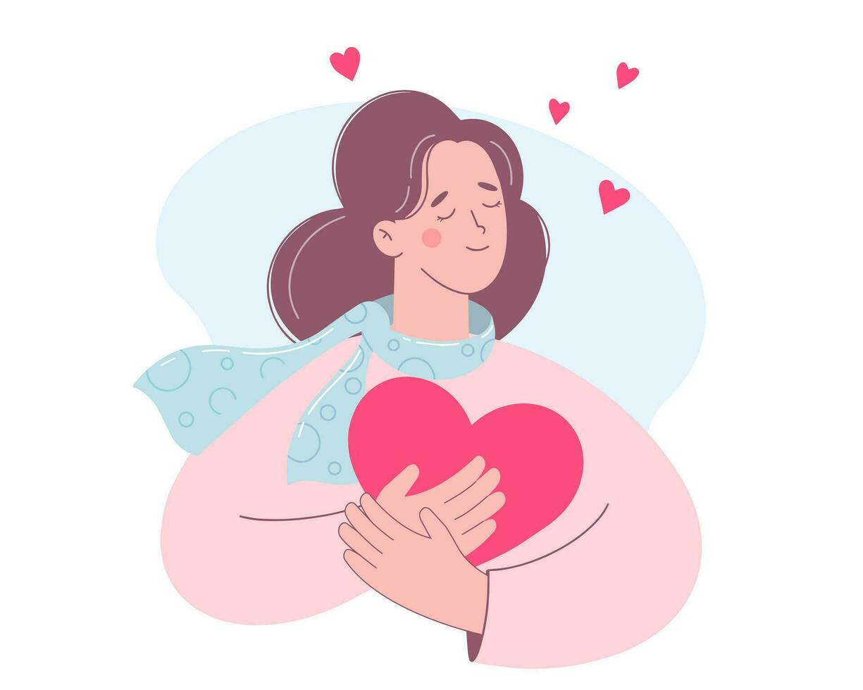 linda mujer con amor y generosidad en corazón. amor adentro. mujer sostiene grande corazón vector