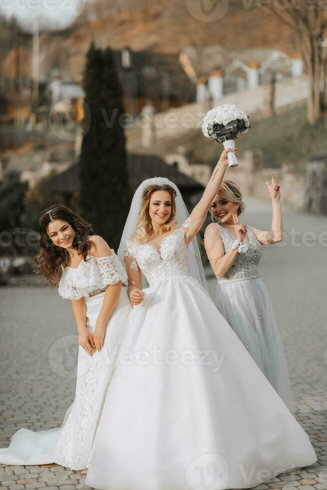 elegante damas de honor tener divertido con el novia en naturaleza y actitud mirando dentro el cámara foto