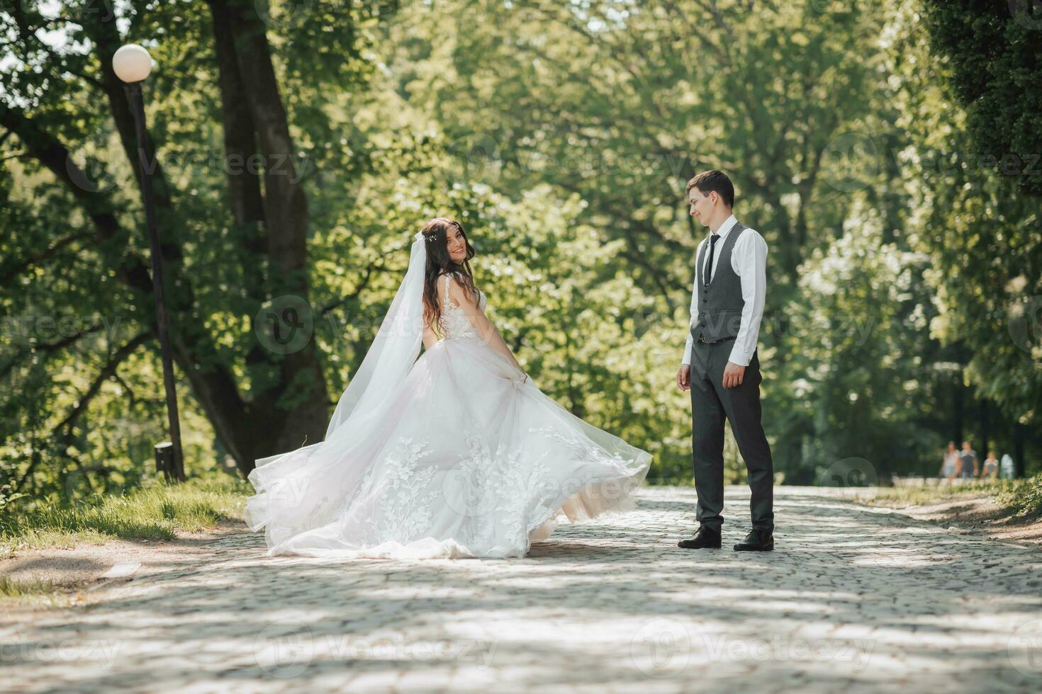 novio y novia en el jardín. primavera Boda en el parque. contento Boda Pareja corriendo en el parque. el novia es dando vueltas con su vestido. elegante y hermosa. foto desde el atrás. princesa vestido.