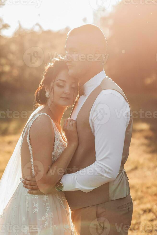 Wedding photo. The bride and groom are standing in a beautiful forest and beautiful light, hugging. Couple in love. Stylish groom. Portrait photo