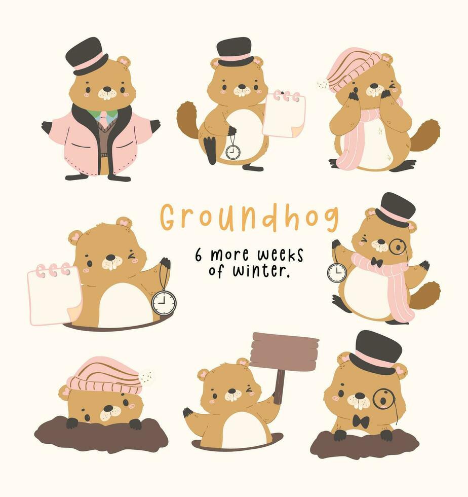 Cute groundhog in winter clothes set cartoon hand drawing, happy groundhog day 6 more weeks of winter collection. vector