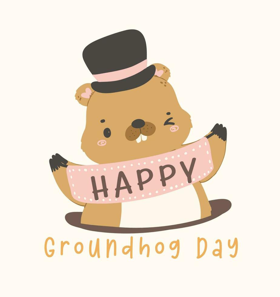 Happy groundhog day with cheerful cartoon groundhog hodling banner. vector