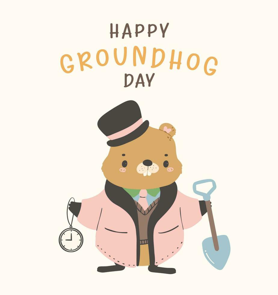 Happy groundhog day with cheerful cartoon groundhog holding shovel and clock. vector