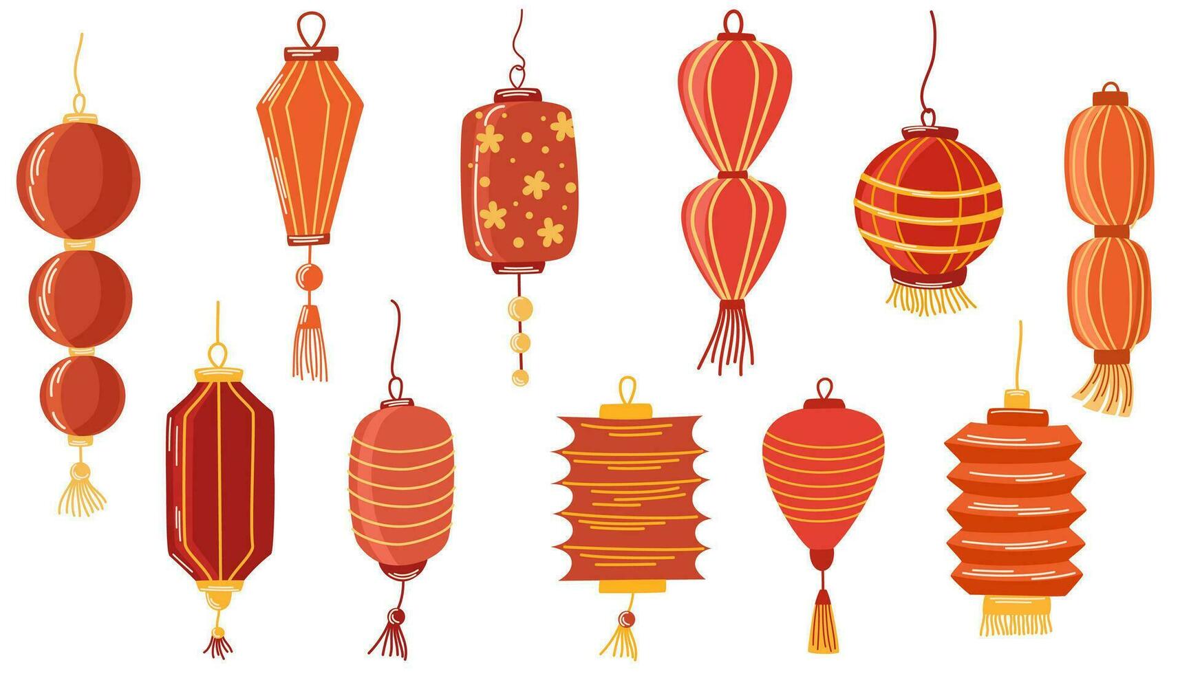 Chinese Lanterns set. Chinese New Year, Mid Festival background, banner and greeting card. Flat vector illustration isolated on white