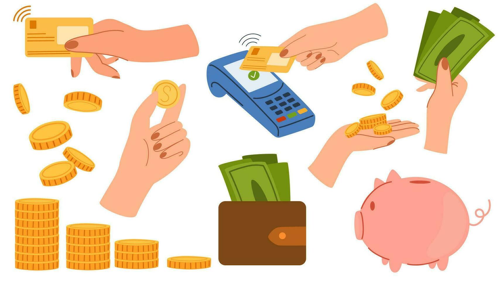 Hands holding money set. Arms with coins, banknotes, bank cards, paying, counting, giving currency. Finance flat vector illustration