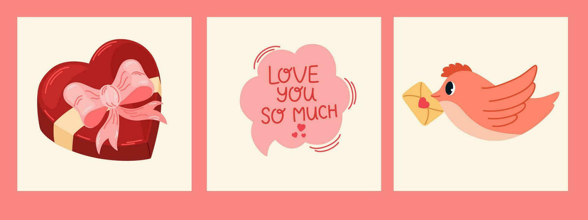 Valentines Day card set. Speech bubbles with compliment phrases, box of chocolates, pigeon with a letter. For website banner, Sale, Valentine card, cover, flyer or poster trendy vector illustration